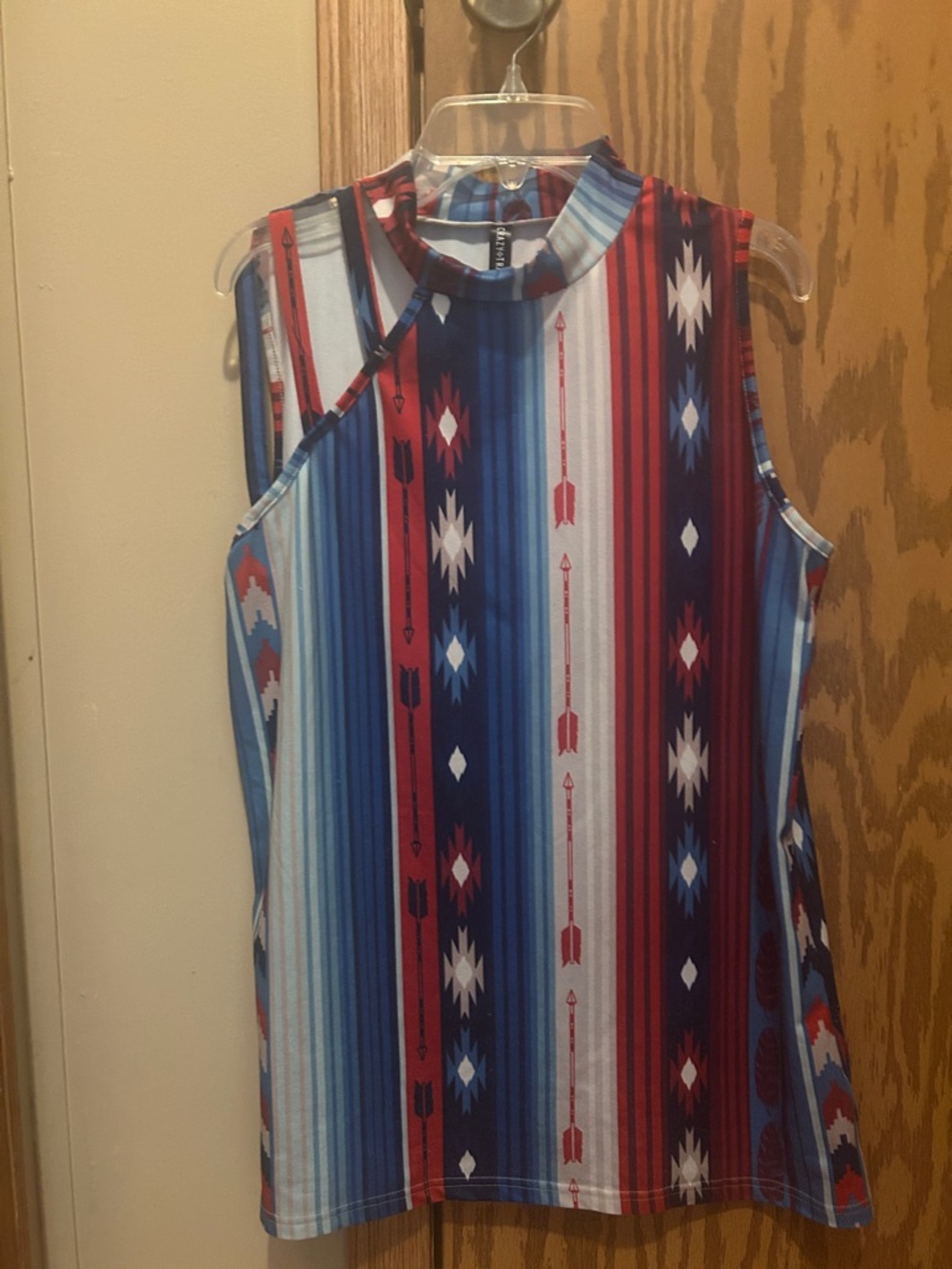 Crazy Train Aztec Stripe Mock Neck Tank - Red, Blue & White
